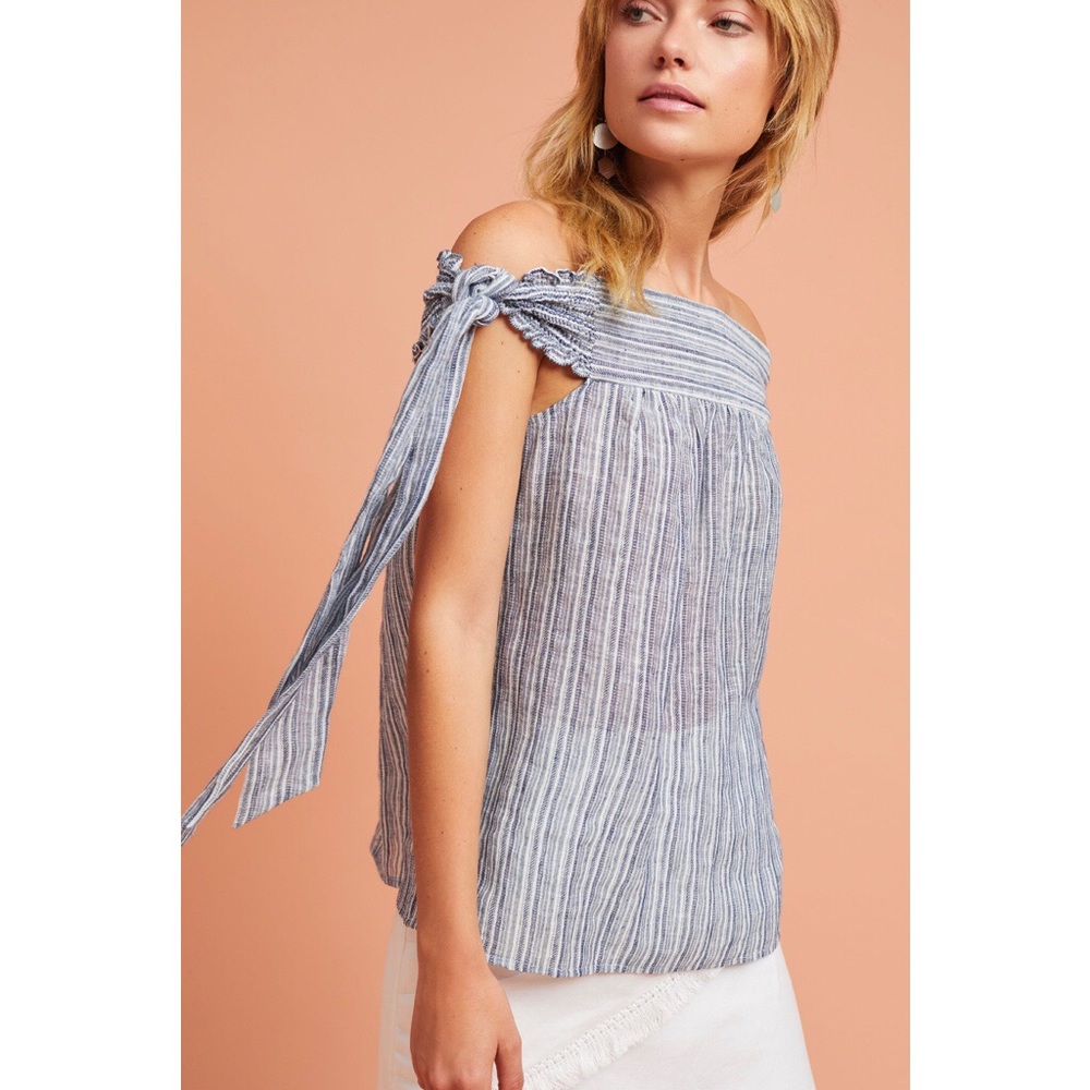 Blue and White yarn-dyed Off-The-Shoulder Top from Anthropologie